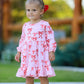 Pink Bow Print Girls Dress with Ruffle Hem