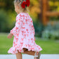 Pink Bow Print Girls Dress with Ruffle Hem