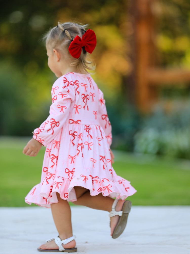 Pink Bow Print Girls Dress with Ruffle Hem