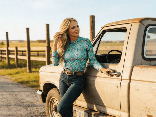 LUCKY & BLESSED turquoise Aztec print long sleeve mesh Western top