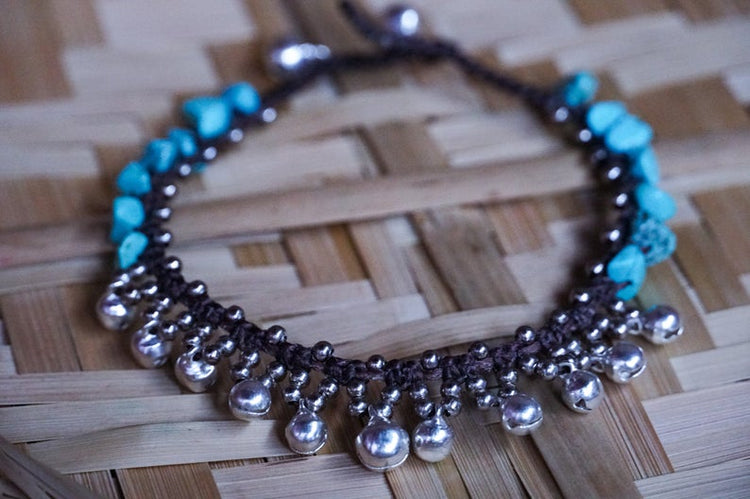 Turquoise Beaded Silver Bell Boho Anklet Adjustable Chain
